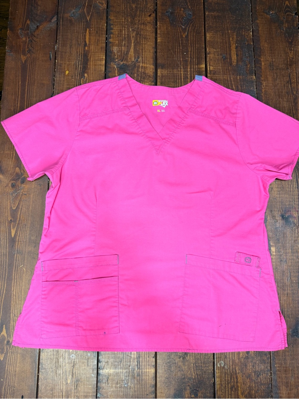 WonderWink Women's V-Neck Scrub Top in Bright Pink with Gray Accents